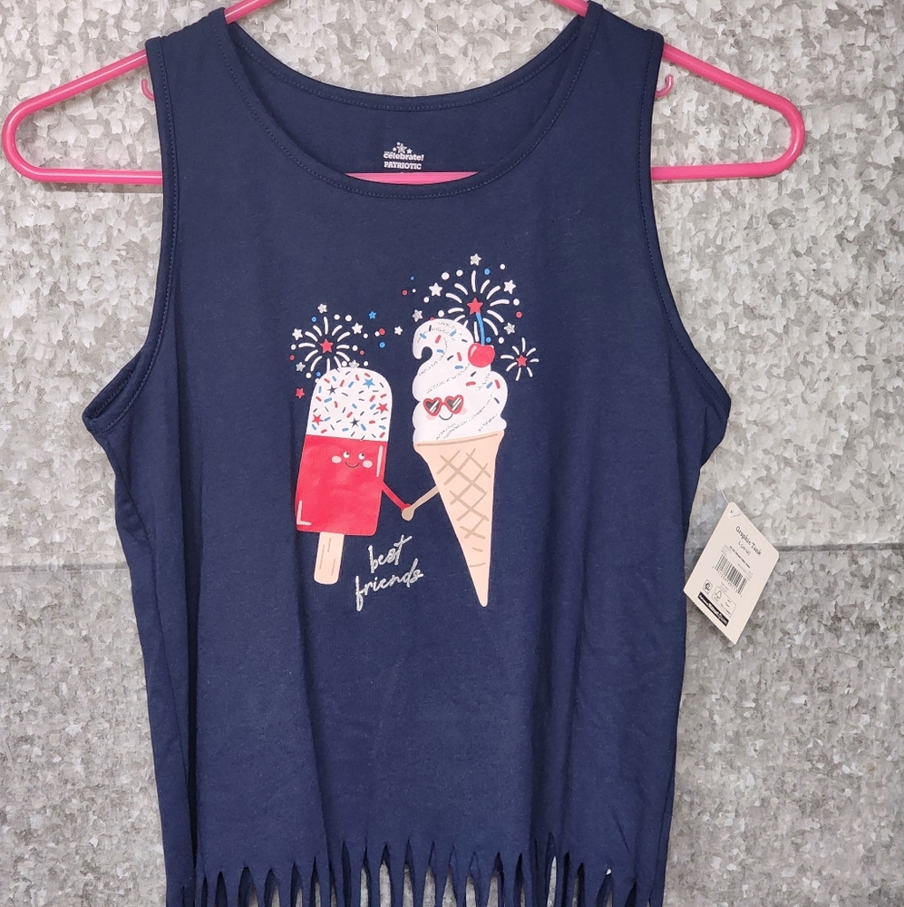 Celebrate July 4th American Cat/Ice Cream Holiday 2 Tanks Girls 10